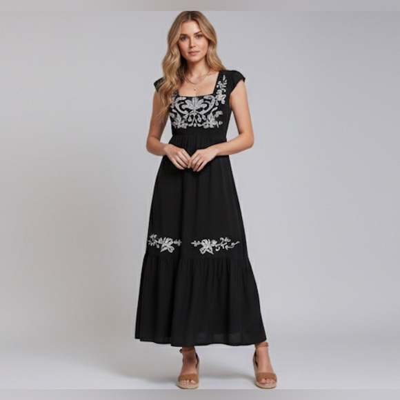 By Design Dresses & Skirts - Boho Floral Embroidery Square Neck Ruffle Hem Dress